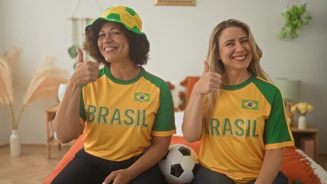 Two women on bed in studio wearing yellow green brasil jerseys, holding a soccer ball and showing thumbs up to camera; celebration friendship.