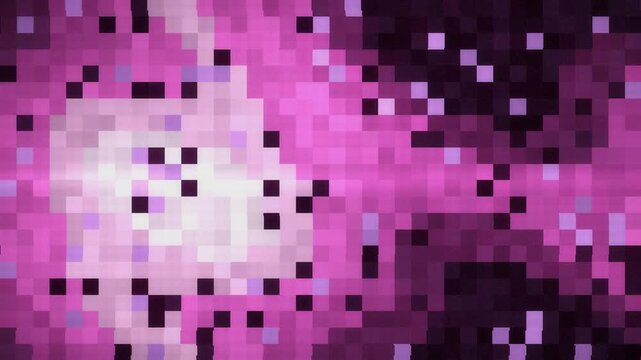 Digital glitch transition with RGB split, blocky displacement and static noise bursts, seamless loop in rich violet tones