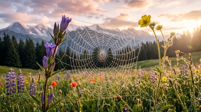 Dew drops on spiderweb in alpine meadow at sunrise