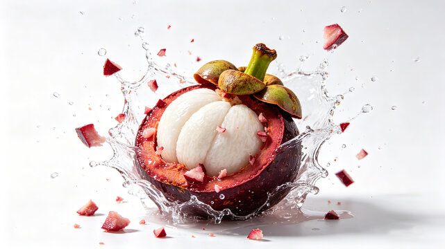 Mangosteen fruit with flying peel crumbs and bursting water splash, dynamic fresh tropical fruit photography