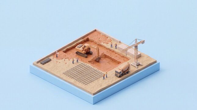 Excavator digging foundation pit in isometric construction diorama