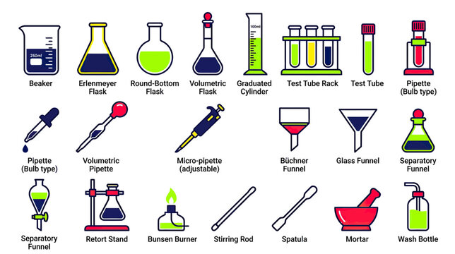 Laboratory glassware and equipment collection, isolated