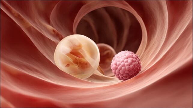 A developing human embryo and blastocyst in early reproductive stages within a biological vessel