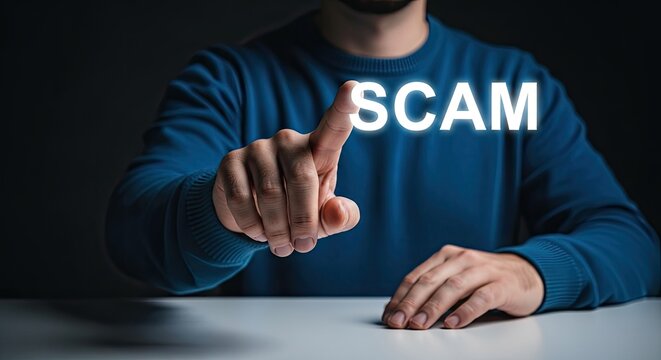 Mans Finger Points to Glowing Word SCAM on Dark Background.