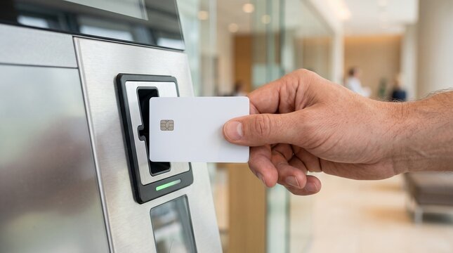 Close up of man's hand inserting a blank white card into a terminal reader slot