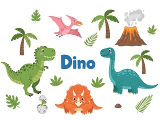 Naklejka premium Collection of cartoon dinosaurs, palm trees, volcano, and leaves