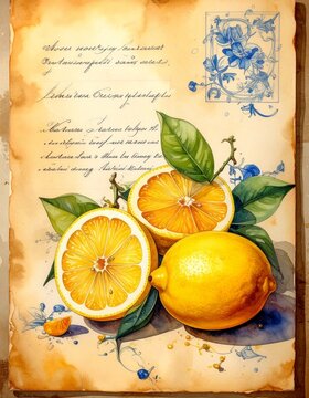 vintage ephemera paper with lemons and old calligraphy