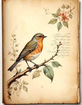 vintage ephemera art paper with robin bird and calligraphy 