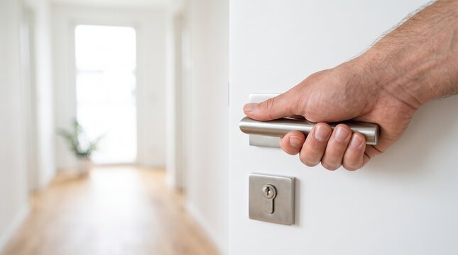 Close-up of a hand opening a modern white door with a metal handle leading into a bright hallway