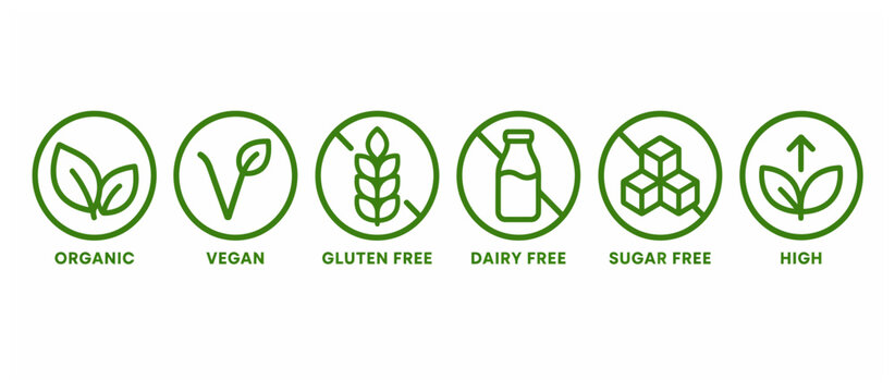 Green circular icons for organic and vegan product labels.