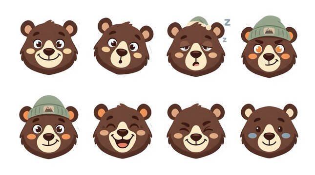 Cute brown bear cartoon character head emojis showing different emotions set