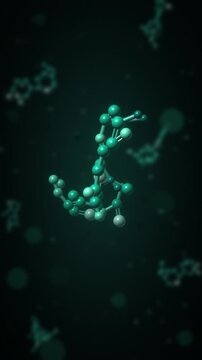 Rotating 3D molecule ball and stick model chemistry and pharmaceutical science background seamless loop in calm teal tones vertical 9:16