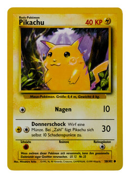 Hamburg, Germany - 07272026: Detail photo of a vintage  german pokemon trading card called Pikachu BS 58 from the Base set.