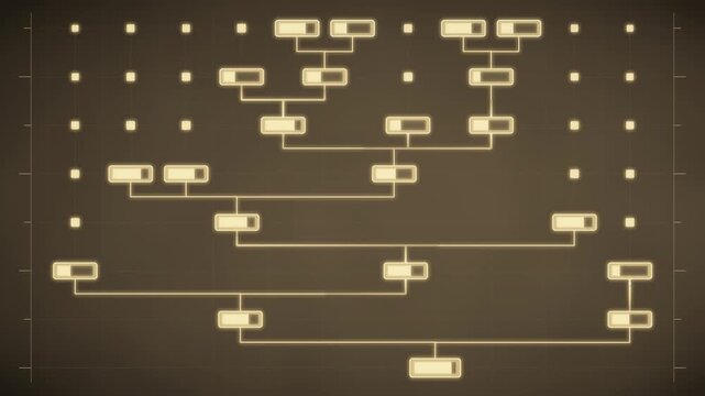 Org Chart Hierarchy Tree Diagram Growing From Root With Nodes Lighting In Sequence, Seamless Loop in rich amber tones