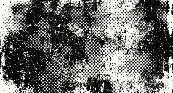 Black and white grunge halftone texture with scratches and stains