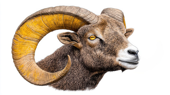 Majestic Male Bighorn Sheep Portrait Close up of Brown and Tan Coat, Large Curled Horns with Yellow Gold Tips Against White Background
