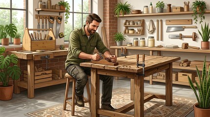 Fototapeta premium Skilled carpenter shaping wood with hand plane at rustic workbench in bright home workshop