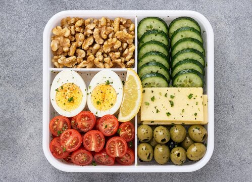 Healthy keto lunch box with walnuts eggs cherry tomatoes cucumbers cheese and olives