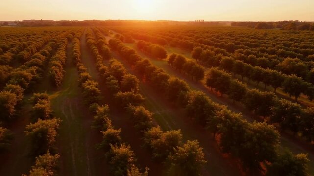 Aerial view of orderly orchard rows bathed in golden sunset light