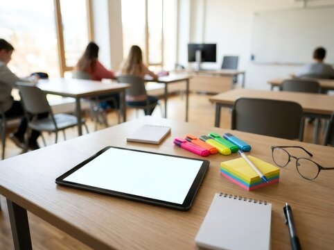 Tablet with blank screen on desk with stationery in classroom. Student workspace with digital device for learning. Academic environment for education, remote study and school technology.