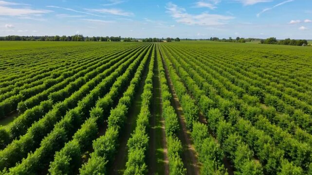 Aerial view of neatly aligned rows of lush green orchard trees under a blue sky with scattered clouds