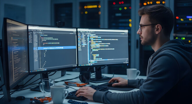 Software Developer Working at Computer, Coding and IT Programming in Modern Technology Office
