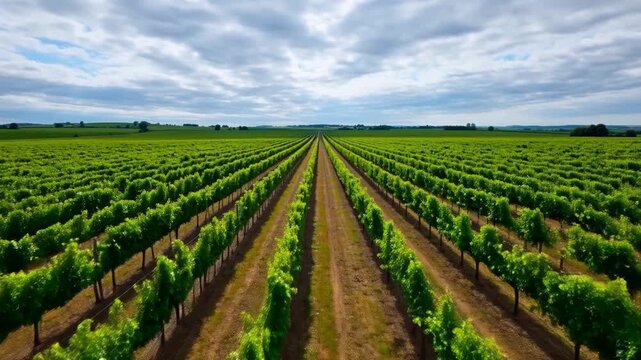 Aerial view of expansive vineyard with rows of green grapevines under cloudy sky