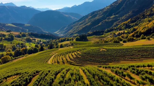 Aerial view of terraced vineyards in a sunlit mountain valley with rolling hills and distant peaks