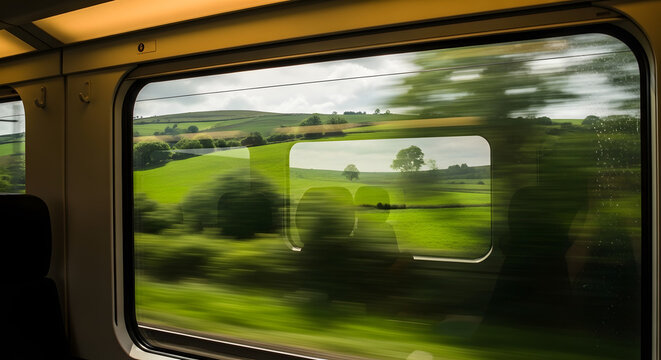 Scenic Landscape from Moving Train Window, Motion Blur and Railway Travel Transportation Concept