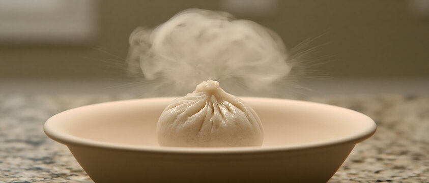 Steaming soup dumpling in a ceramic bowl close up food photography xiaolongbao steamed bun chinese cuisine asian shanghai close up macro still life culinary