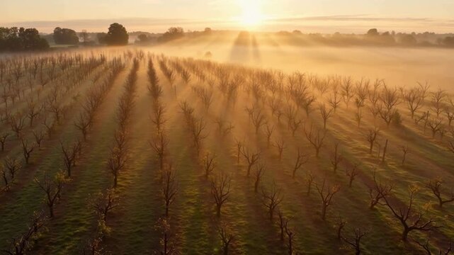 Aerial view of misty orchard at sunrise with golden light beams piercing through fog over rows of bare trees