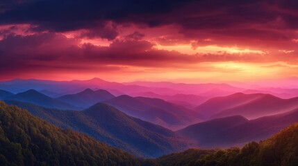 Fototapeta premium A vibrant sunset casts hues of purple and pink over rolling mountains and lush green valleys