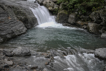 Fototapeta premium Beautiful Landscape View Of Sisters Waterfall Nearby Yunsen (Cloud Forest) Waterfall At Zhongkeng River, Sanxia, New Taipei City, Taiwan