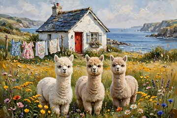 Naklejka premium Alpaca Family in Wildflower Meadow by White Coastal Cottage 
