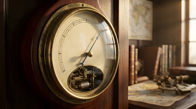 Antique Brass Barometer Instrument Mounted on Dark Wood in Vintage Study Room Background