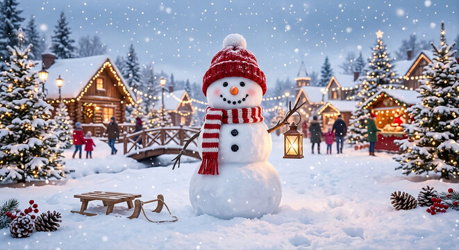 Um boneco de neve feliz no fundo do inverno, luzes de natal ao fundo