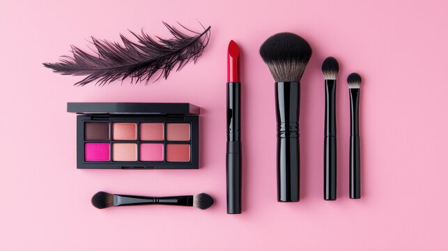 Makeup palette brushes lipstick beauty products cosmetics pink background fashion accessories makeup tools vibrant colors professional makeup