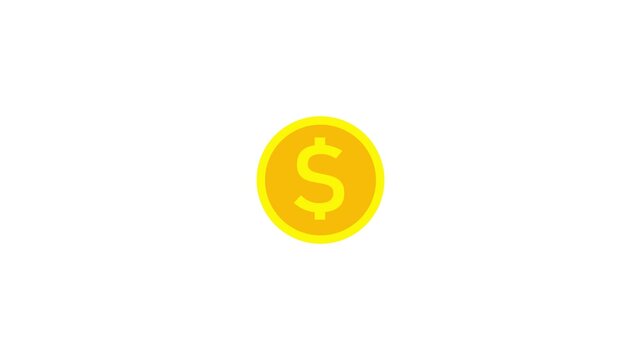 Animated gold dollar coins fall from above on white background. 4K