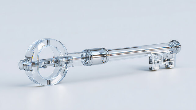 Transparent glass key representing digital access, encryption and secure authentication, symbolizing cybersecurity, data protection, privacy, identity management and AI technology