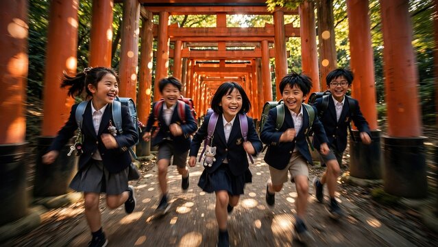 Group of happy Japanese school children in uniforms running through a path of traditional orange Torii gates laughing and smiling together
