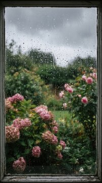 View of a garden through a rain soaked window, wet glass with water drops autumn storm seasonal atmospheric weather landscape portrait asset