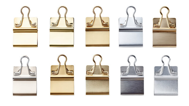 Set of ten metallic binder clips in gold and silver finishes isolated on transparent background
