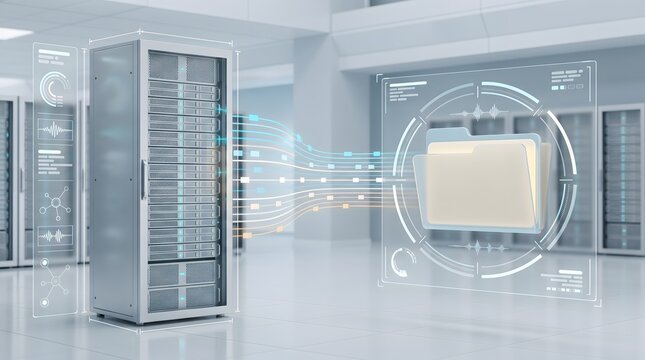 Enterprise cloud storage displaying modern server rack transmitting digital data to holographic folder