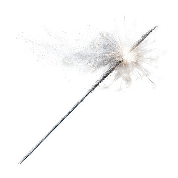 Lit sparkler firework with bright starburst sparks and smoke trail isolated on transparent background