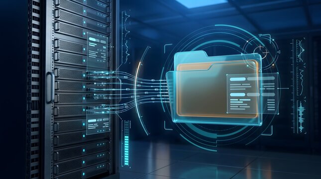 Secure server network routing showing glowing data streams transferring to digital archive folder