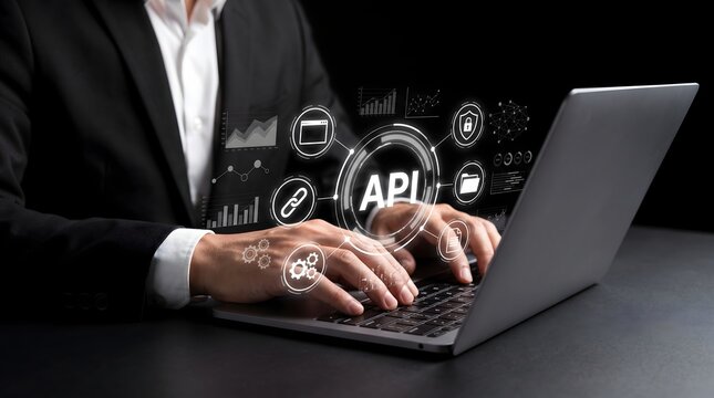 Software API integration showing corporate developer typing on laptop with glowing system connection icons
