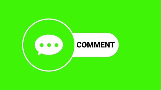 Animated comment button pop up on green screen background. Modern white speech bubble icon social media call to action overlay for video creators.