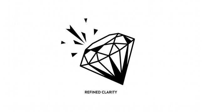 A black-and-white geometric vector illustration of a faceted diamond with sparkling fragments burst around its upper corner, featuring the text "REFINED CLARITY" centered below on a white background.