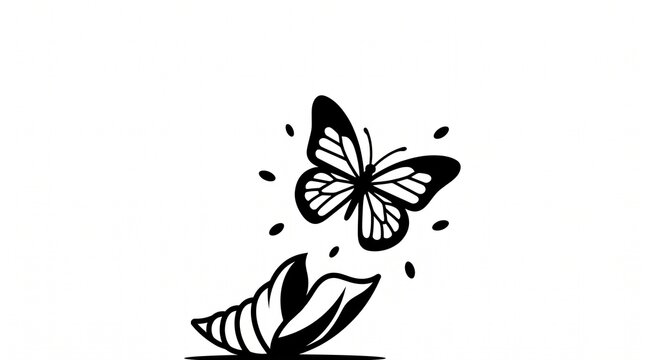 A high-contrast black-and-white graphic depicting a butterfly taking flight from an open chrysalis shell with floating pollen particles on a plain white background, symbolizing transformation and grow