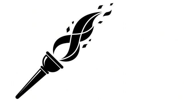 A stylized black-and-white graphic of a classic held torch emitting a flowing, ribbon-like flame with floating embers and sparks on a plain white background.